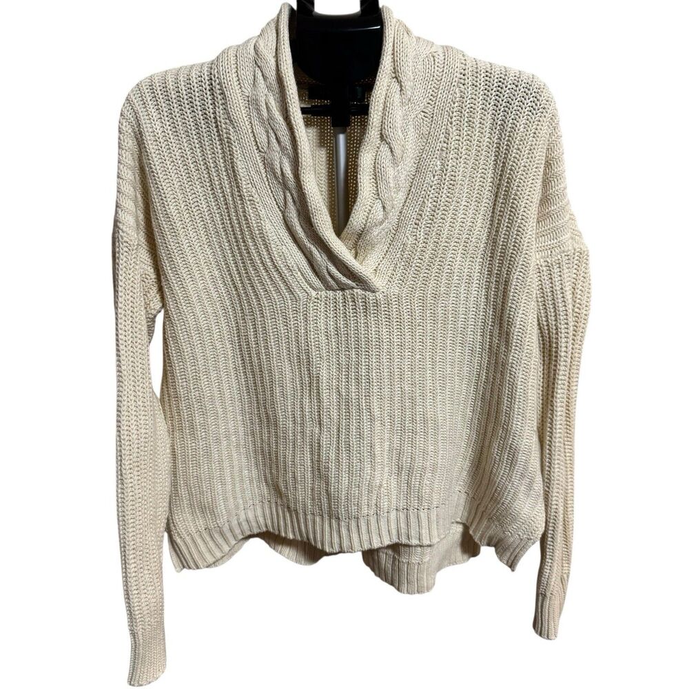 Lauren Ralph‎ Lauren LRL Womens M Sweater Shawl Cable Knit Collar Beige Warm